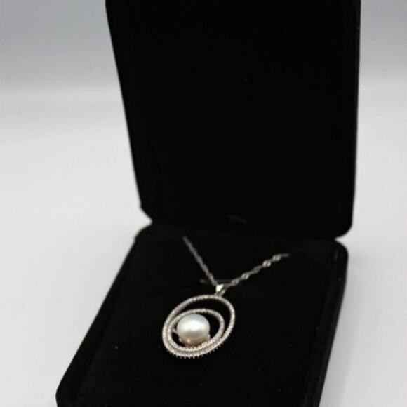 Natural Freshwater Pearl Necklace Pendant Double Layer Circle Zircon Silver NWT - Picture 9 of 11
